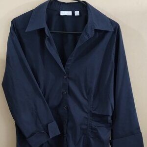 New York & Company Navy Blue Button Up Shirt Womens Stretch Top L Cuffed sleeve